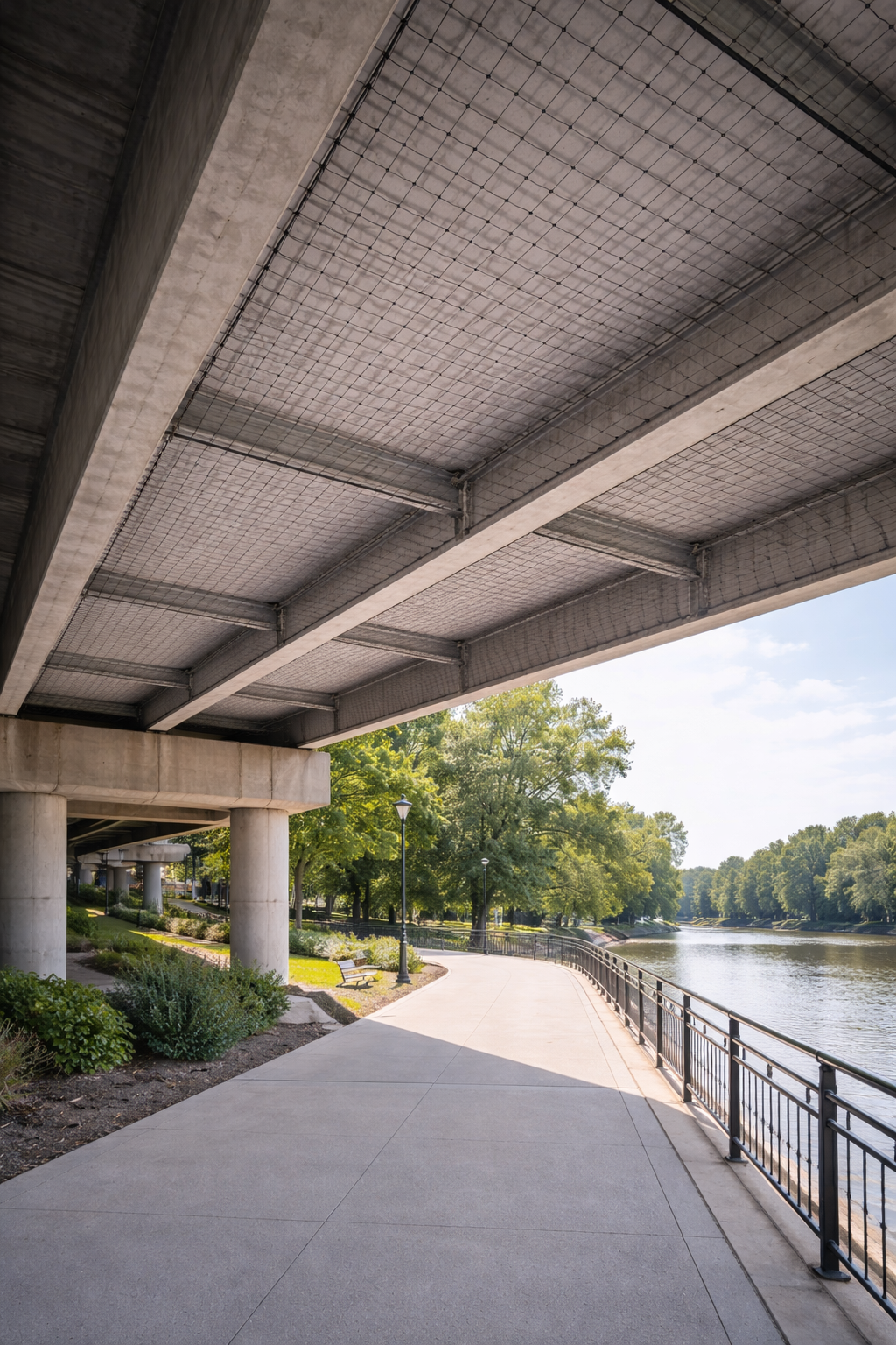 Under Bridge Installation bird netting installed under bridge